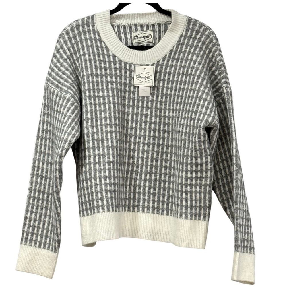 Cozy Geometric Gray White Fuzzy Knit Minimalist Pullover Sweater Women Large NWT